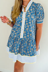 Blue Plus Size Floral Print Striped Patchwork Detail Button Front Ruffle Hem Dress