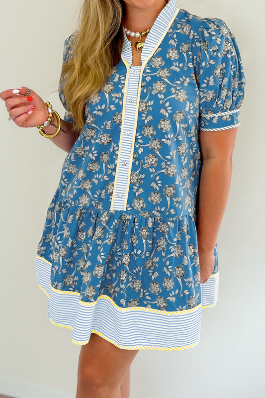 Blue Plus Size Floral Print Striped Patchwork Detail Button Front Ruffle Hem Dress