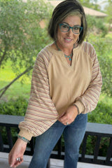 Parchment Striped Raglan Sleeve Notched Neck Raw Edge Plus Size Jumper