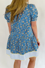 Blue Plus Size Floral Print Striped Patchwork Detail Button Front Ruffle Hem Dress