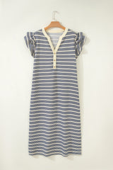 Blue Stripe Plus Size Contrast Trim Button V Neck Ruffle Sleeve Shift Dress