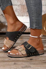 Light Blue Two-tone Retro Buckle Straps Hollowed Faux Suede Slippers