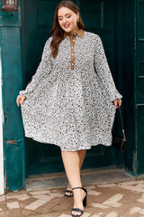 Pink Plus Size Button V Neck Leopard Print Puff Sleeve Loose Mini Dress