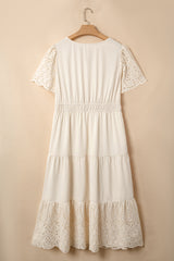 Apricot Plus Size V Neck Lacy Embroidery Patchwork Short Sleeve Maxi Dress