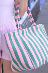Dark Green Striped Terry Large Beach Tote Bag