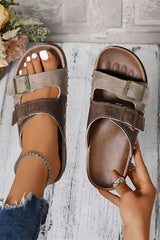 Light Blue Two-tone Retro Buckle Straps Hollowed Faux Suede Slippers