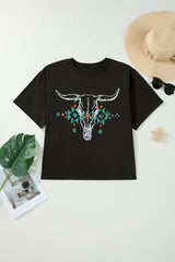 Carbon Grey Plus Size Western Aztec Bull Skull Printed T Shirt