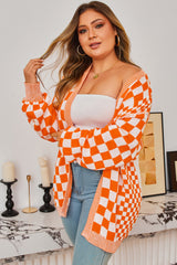 Orange Plus Size Checkered Bubble Sleeve Drop Shoulder Open Cardigan
