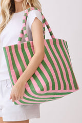 Dark Green Striped Terry Large Beach Tote Bag