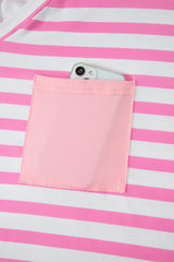 Pink Stripe Colorblock Patched Pocket V Neck Plus Size Tee
