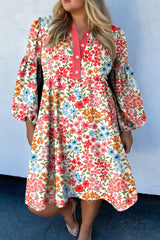 Pink Plus Size Button V Neck Leopard Print Puff Sleeve Loose Mini Dress