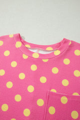 Pink Twisted Rib Polka Dot Print Plus Size T Shirt