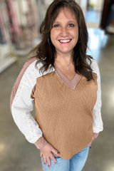Coffee V Neck Lace Sleeve Patchwork Plus Size Blouse