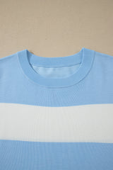 Sky Blue Stripe Colorblock Plus Size Short Sleeve Sweater