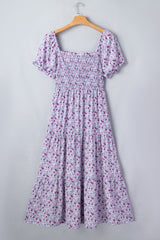 Purple Plus Size Floral Print Square Neck Smocked Maxi Dress