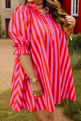 Rose Stripe Frilled Collar Button Neck Short Sleeve Curvy Mini Dress
