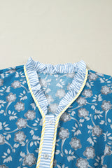 Blue Plus Size Floral Print Striped Patchwork Detail Button Front Ruffle Hem Dress