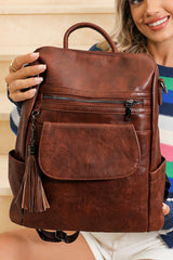 Dark Brown Tassel Decor Retro PU Large Capacity Backpack