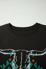 Carbon Grey Plus Size Western Aztec Bull Skull Printed T Shirt