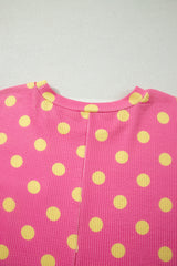 Pink Twisted Rib Polka Dot Print Plus Size T Shirt
