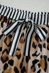 Khaki Plus Leopard Print Contrast Piping Striped Patchwork 2pcs Long Pajama Set