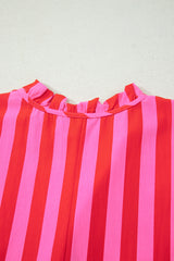 Rose Stripe Frilled Collar Button Neck Short Sleeve Curvy Mini Dress