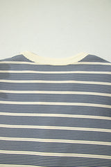Blue Stripe Plus Size Contrast Trim Button V Neck Ruffle Sleeve Shift Dress