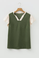 Vineyard Green Plus Size Contrast Frilled Neckline Ruffled Short Sleeve Ribbed Textured Blouse
