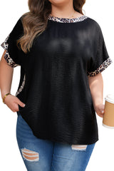 Black Plus Size Leopard Patchwork Round Neck Loose Tee