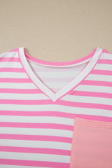 Pink Stripe Colorblock Patched Pocket V Neck Plus Size Tee