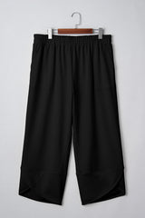 Black Plus Size Elastic Waist Asymmetrical Hem Loose Capris Pants