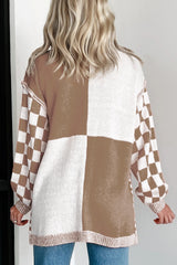 Orange Plus Size Checkered Bubble Sleeve Drop Shoulder Open Cardigan