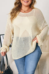 Parchment Hollow Out Knit Star Pattern Accent Plus Size Jumper