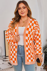 Orange Plus Size Checkered Bubble Sleeve Drop Shoulder Open Cardigan