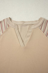 Parchment Striped Raglan Sleeve Notched Neck Raw Edge Plus Size Jumper