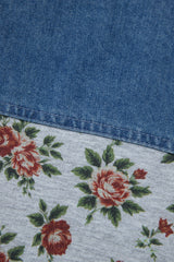 Gray Retro Floral Print Denim Patchwork Plus Size Polo Tee