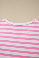 Pink Stripe Colorblock Patched Pocket V Neck Plus Size Tee