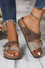 Light Blue Two-tone Retro Buckle Straps Hollowed Faux Suede Slippers